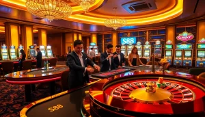 S88 casino players celebrating wins at a luxurious roulette table in a modern gambling atmosphere.