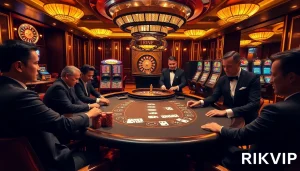 Players engaged in a high-stakes game at RIKVIP's luxurious casino table, highlighting excitement and strategy.