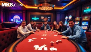 Engaged players at a luxurious poker table showcasing MK8.COM gaming excitement.