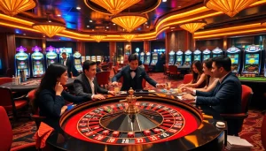 Engage with the exciting atmosphere of gg88bz at a luxurious casino scene featuring roulette and players.