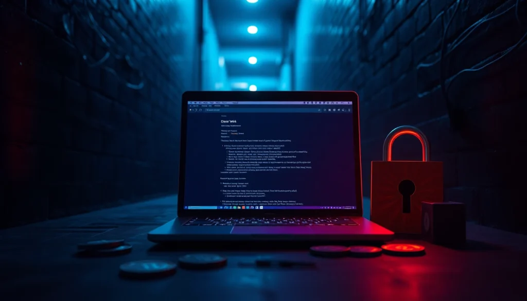 The hidden wiki displayed on a laptop screen in a dimly lit alley, symbolizing dark web exploration.