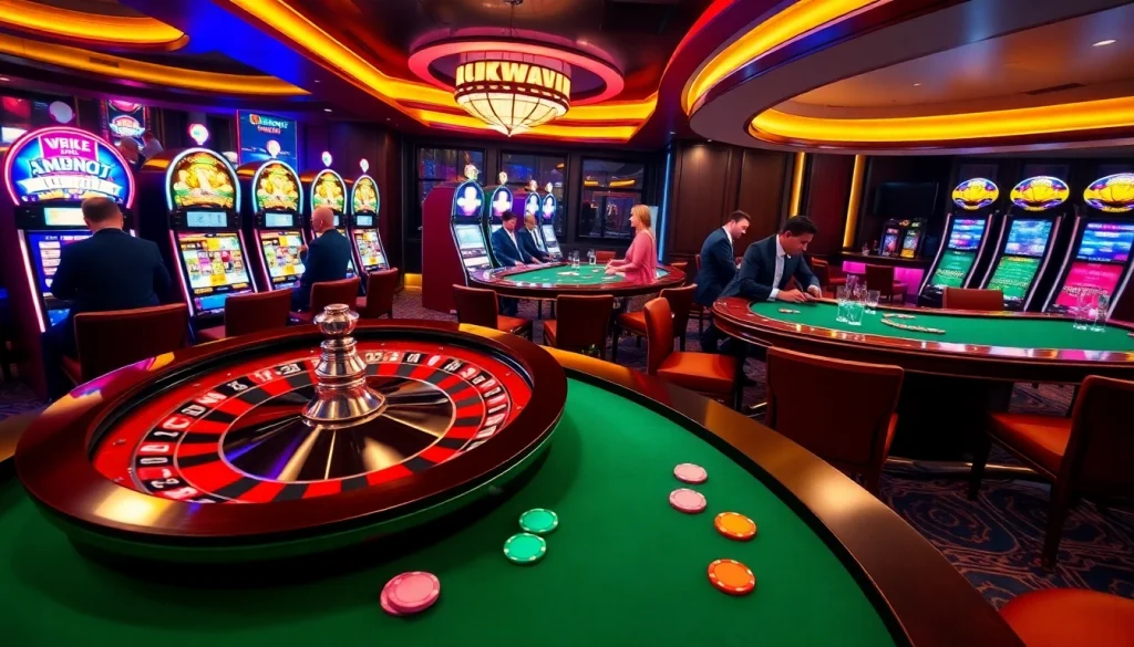 Experience the thrill of Luckywin with vibrant roulette wheels and engaging casino games in this stunning casino scene.
