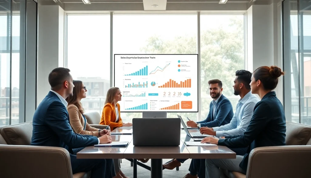 Engaging discussion on sales opportunities by industry among a diverse group in a modern office setting.