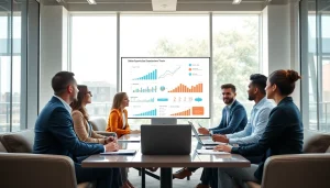 Engaging discussion on sales opportunities by industry among a diverse group in a modern office setting.