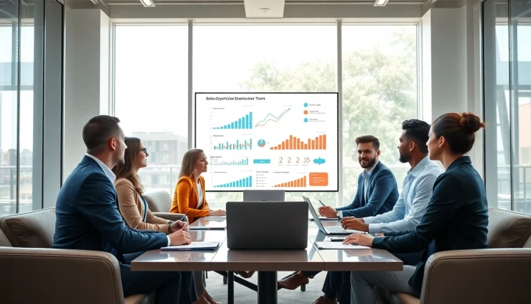 Engaging discussion on sales opportunities by industry among a diverse group in a modern office setting.