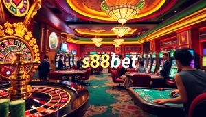 s88bet thrilling casino atmosphere with poker players, roulette wheel, and vibrant slot machines