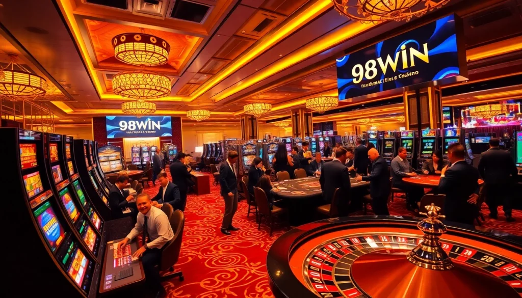 Gamblers enjoying an exciting game night at 98WIN casino with vibrant tables and slot machines.