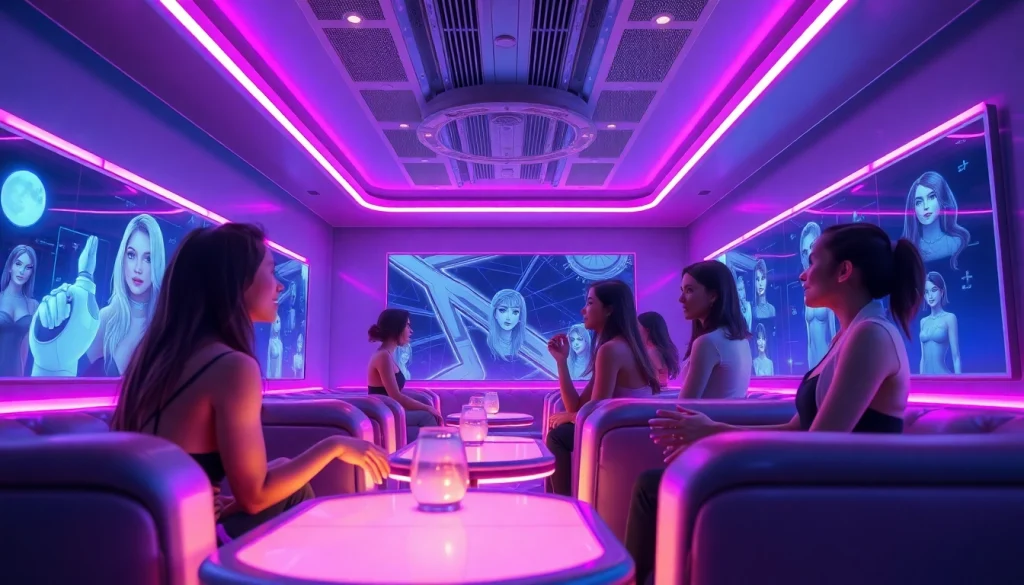 Interactive scene of users engaging with NSFW AI chatbots in a futuristic digital lounge.