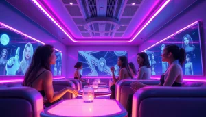 Interactive scene of users engaging with NSFW AI chatbots in a futuristic digital lounge.