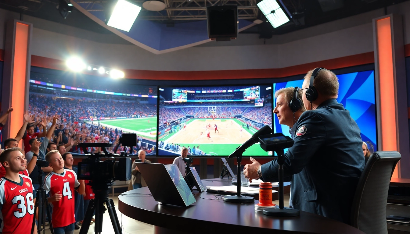 Dynamic sports broadcasting analysis with a live event backdrop and vibrant visuals.