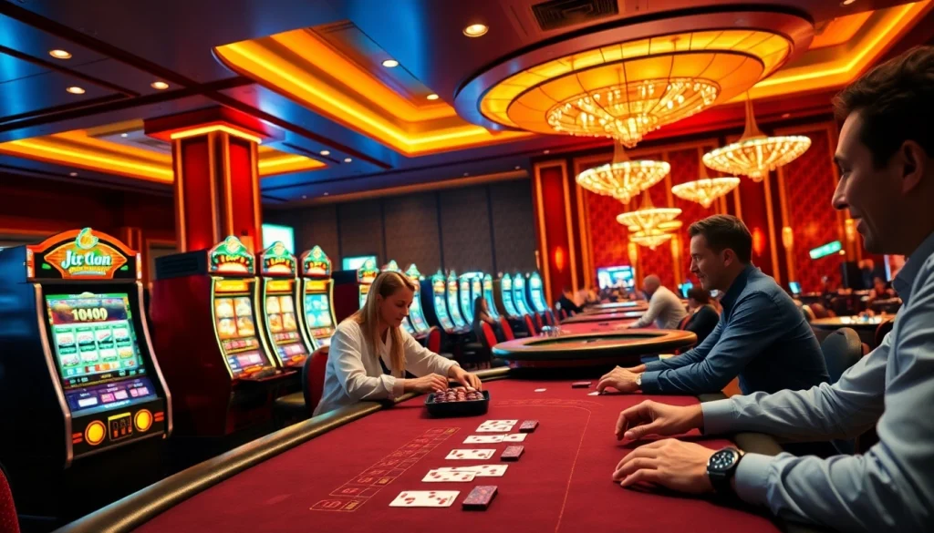Players enjoying an exciting poker game at j88 com, showcasing casino atmosphere with vibrant lights and elegant tables.