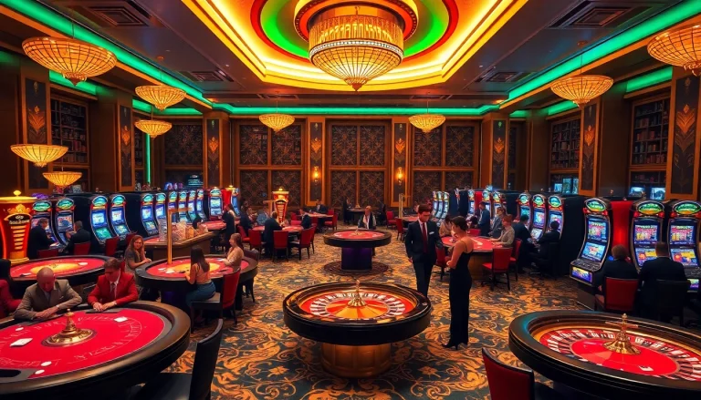 Experience thrilling gameplay at go8s.bio/ in a luxurious casino setting filled with poker tables and roulette wheels.