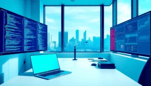 Software engineering workspace with monitors and coding environment.