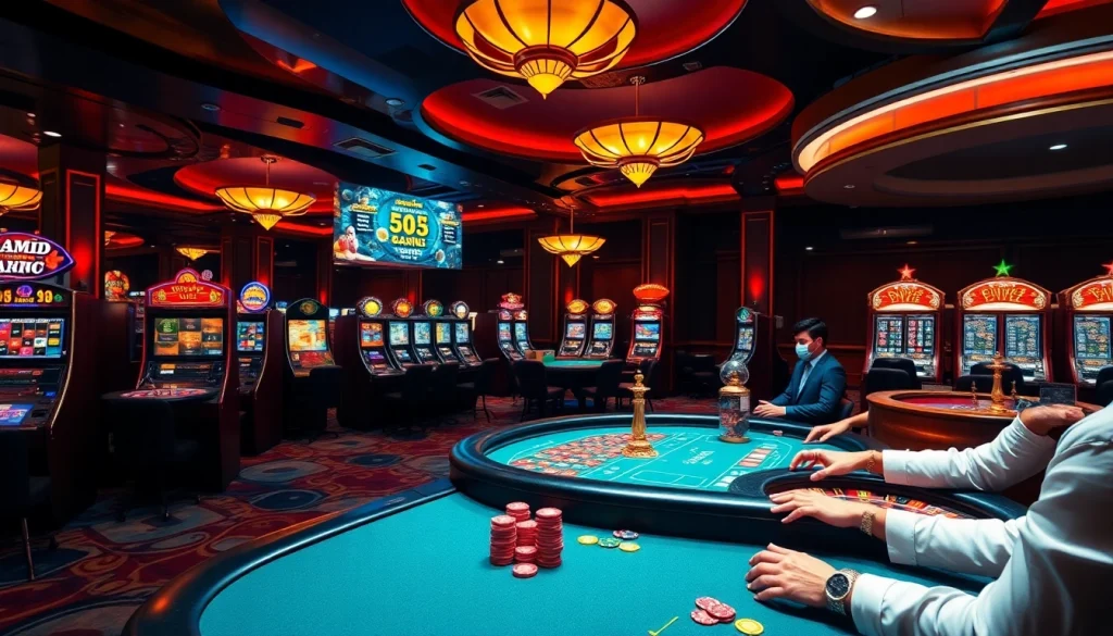 Experience excitement at 555win com with vibrant casino games featuring poker tables and slot machines.