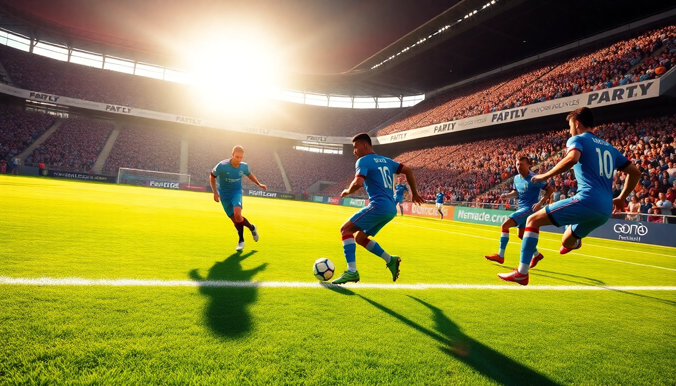 Exciting action in a football match scene highlighting บ้านบอลผลบอล with players in dynamic poses.
