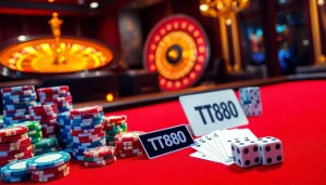 Experience the thrill of casino gaming with TT88 poker chips and a vibrant roulette wheel.