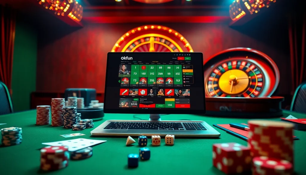 Experience the thrill of online gaming at https://okfun.uk.net/ with vibrant casino visuals, poker chips, and roulette wheels.