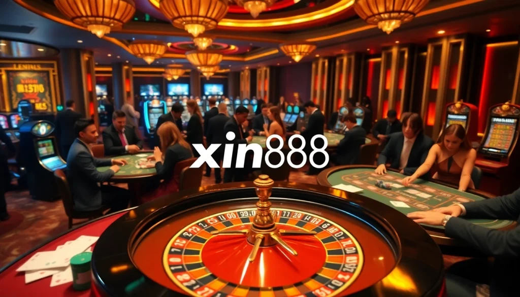 Experience high-stakes gaming at xin88 with luxurious casino tables and vibrant activity.