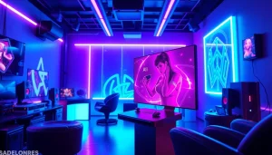 Interactive atmosphere showcasing sex games ai with AI characters and vibrant gaming setup.