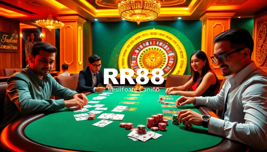 Players engaging in high-stakes poker at RR88 casino, showcasing chips and cards in an elegant atmosphere.