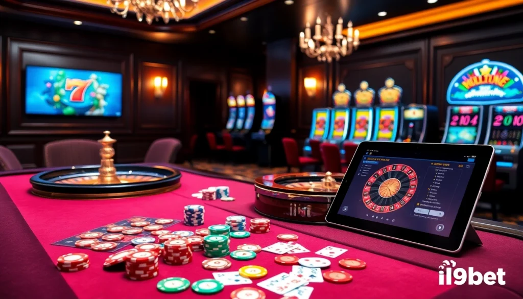 Engage in thrilling gameplay at i9bet with vibrant casino tables featuring poker chips and roulette wheels.