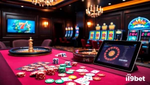 Engage in thrilling gameplay at i9bet with vibrant casino tables featuring poker chips and roulette wheels.