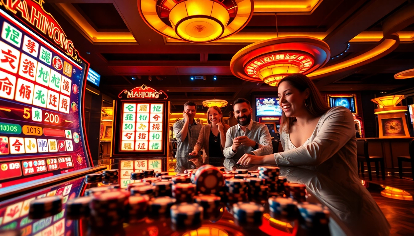 Engaging players enjoying a Mahjong slot demo, featuring vibrant colors and festive casino atmosphere.