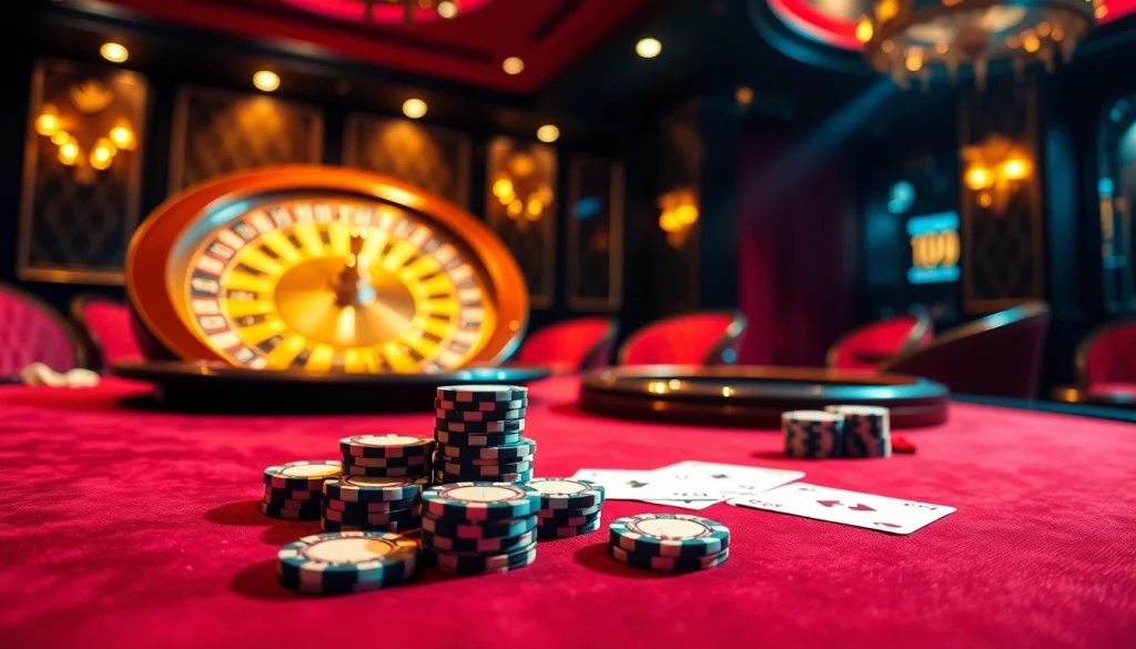 Experience excitement at LC88 with a vibrant casino scene featuring cards and roulette.