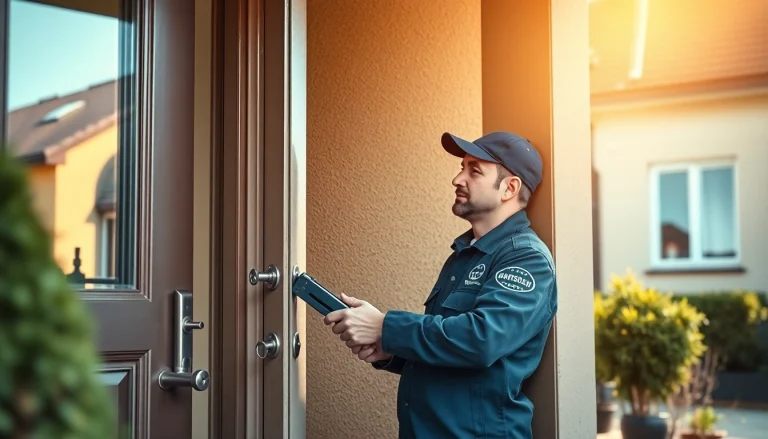 Erfahrener Schlüsseldienst in Wiesbaden öffnet eine Tür effizient mit Präzisionswerkzeugen.