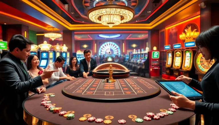 Gambling enthusiasts enjoying a baccarat game at the trang chủ 789club casino, surrounded by vibrant slot machines.