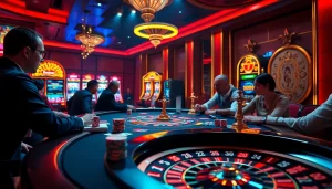 Exciting poker game at THABET casino with colorful chips and elegant lighting ambiance.