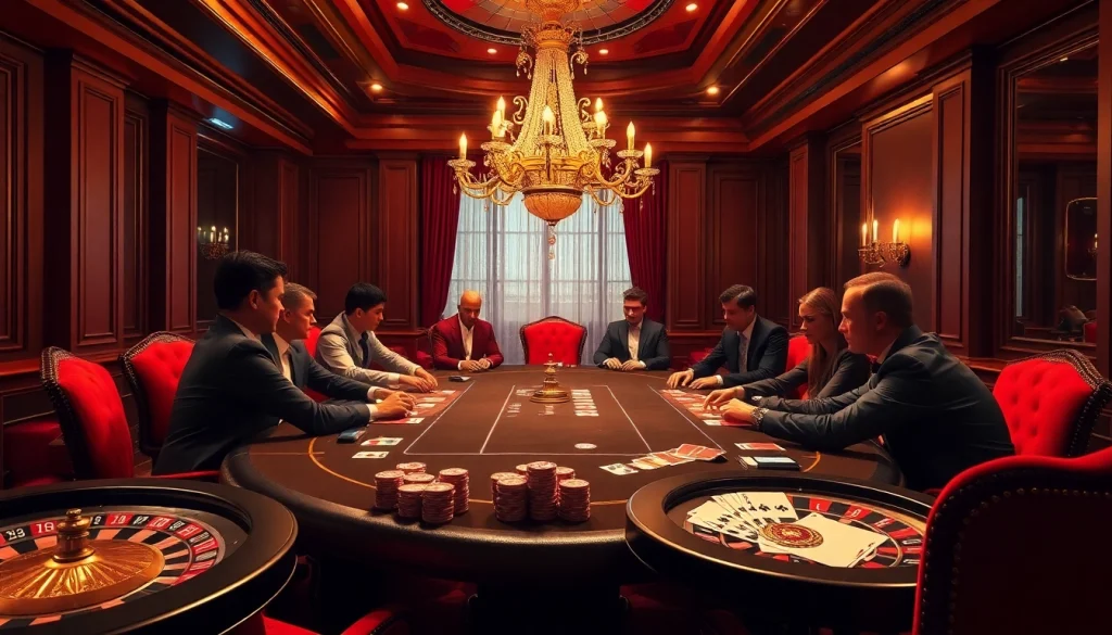 Gambling excitement at gg88bz with poker table, chips, and cards in a luxurious casino.