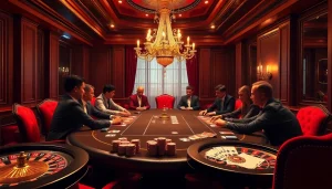 Gambling excitement at gg88bz with poker table, chips, and cards in a luxurious casino.