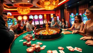 Players enjoy a thrilling game at the QH88 casino table with colorful chips and cards.