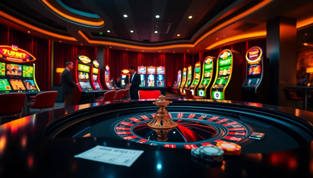 Experience the excitement of 7upbet with vibrant casino visuals showcasing roulette, poker, and slot machines.