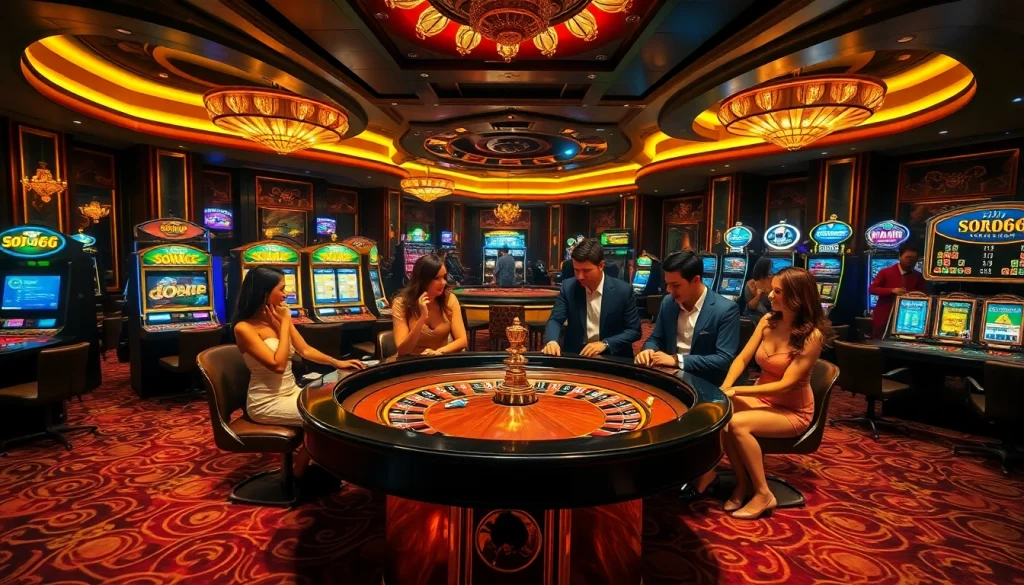 Players enjoying a thrilling game at SODO66 casino, showcasing vibrant roulette and slot machines.
