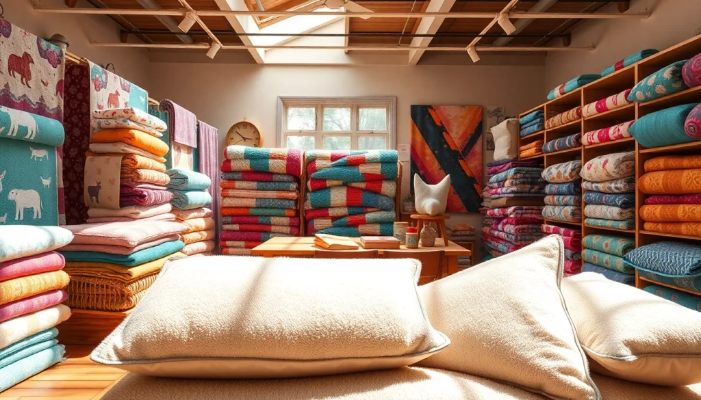 Unieke fleece prints in een sfeervolle stoffenwinkel met kleurrijke ontwerpen.