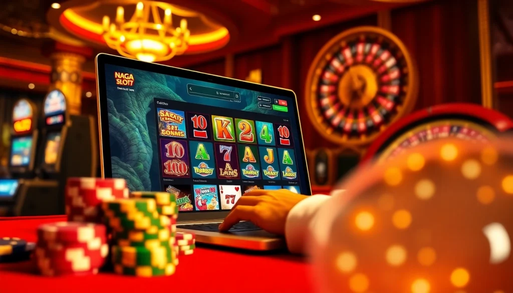 Naga169 slot online gaming interface showcasing vibrant slot machines and poker elements.