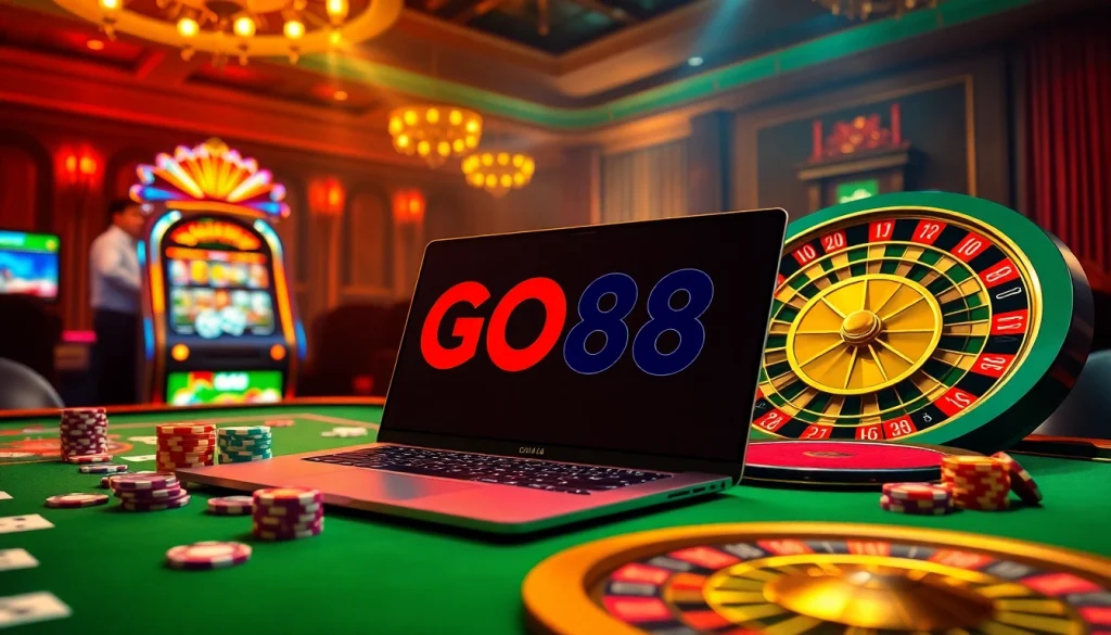 Players enjoying a thrilling online game experience with GO88, featuring casino elements like playing cards and a roulette wheel.