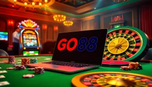 Players enjoying a thrilling online game experience with GO88, featuring casino elements like playing cards and a roulette wheel.