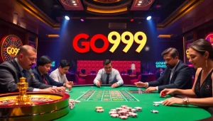 Players engaging in a high-stakes poker game with GO99 prominently featured, showing excitement in a luxury casino.