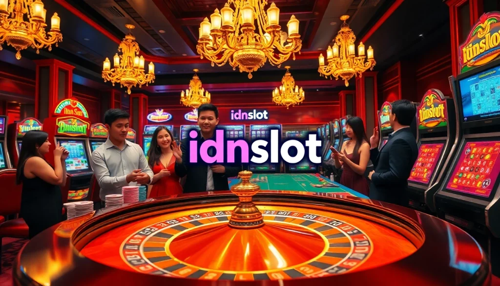 Players enjoy a dynamic gaming experience at idnslot casino featuring roulette, slot machines, and poker chips.
