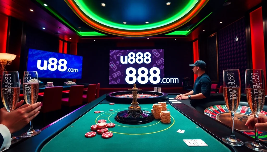 Excited players at u888 com poker table enjoying high-stakes games in an opulent casino.