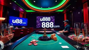 Excited players at u888 com poker table enjoying high-stakes games in an opulent casino.