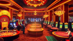 Experience the excitement of RR88 at an upscale casino with vibrant slot machines and poker tables.