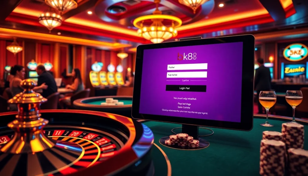 Engage with the bk8 login scene in a luxurious casino atmosphere featuring vibrant games and players.