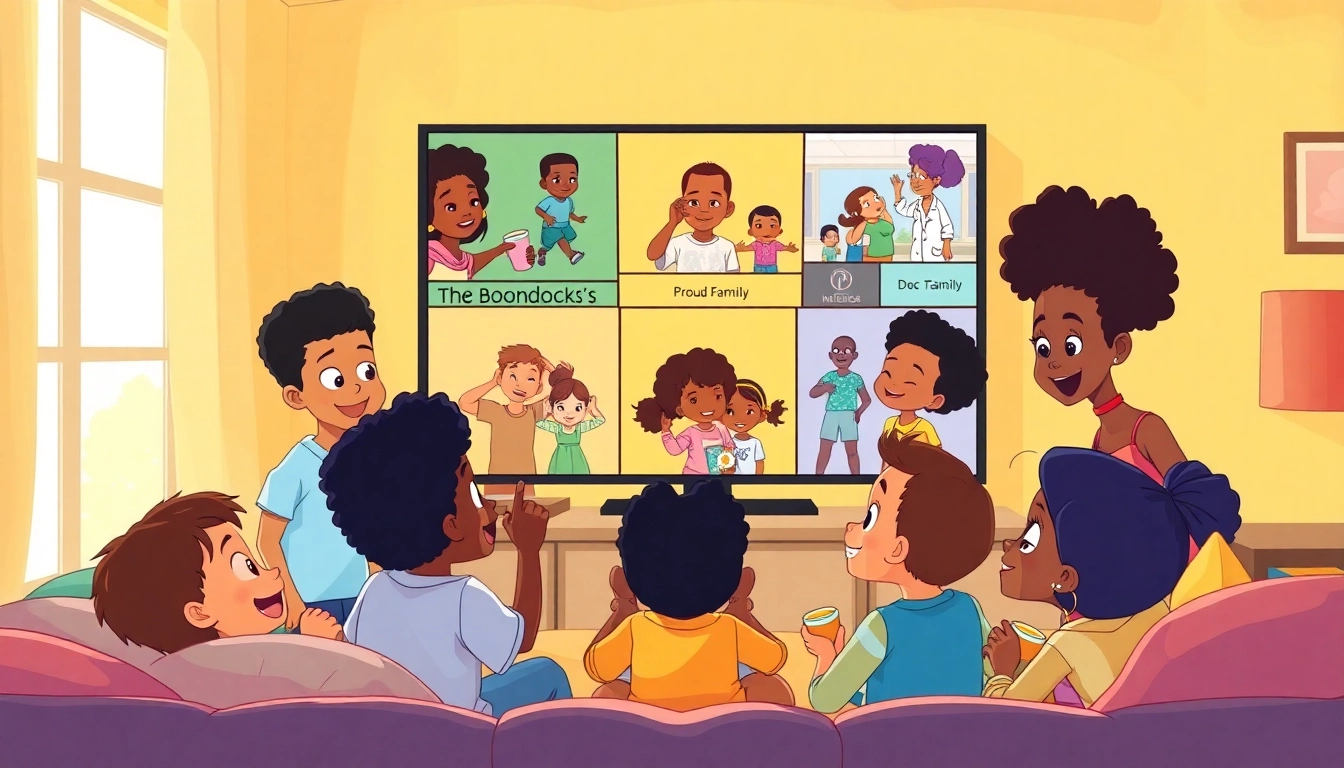 Diverse children enjoying African American cartoons in a cozy living room setting.