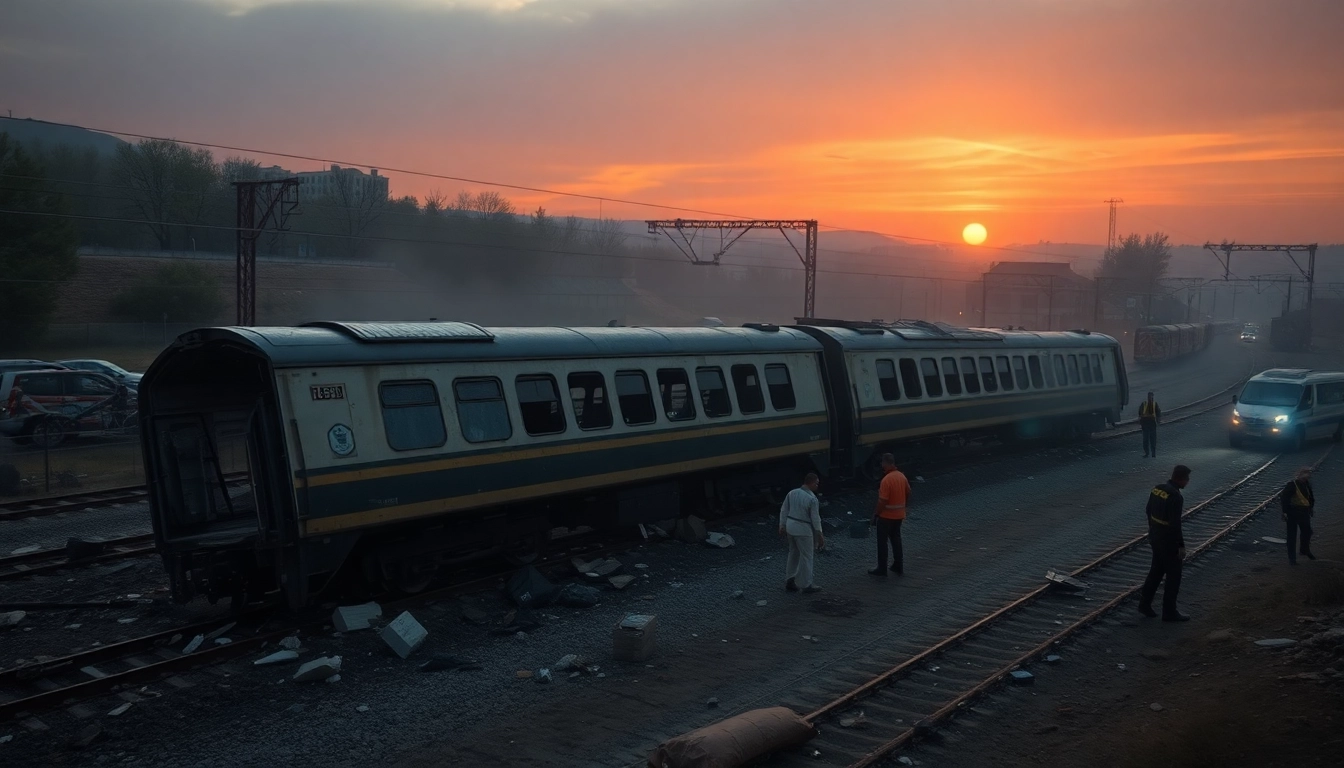 Spain train crash scene highlighting emergency responders amidst wreckage.