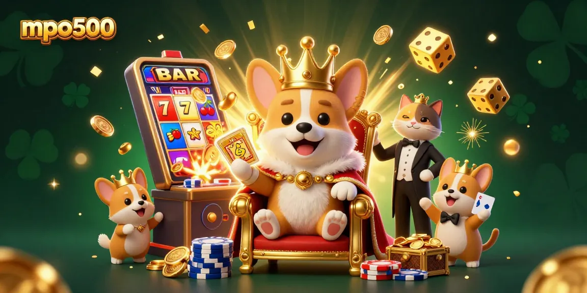 Experience the thrill of mpo500 with a vibrant casino scene featuring a royal corgi and dynamic slot machine.