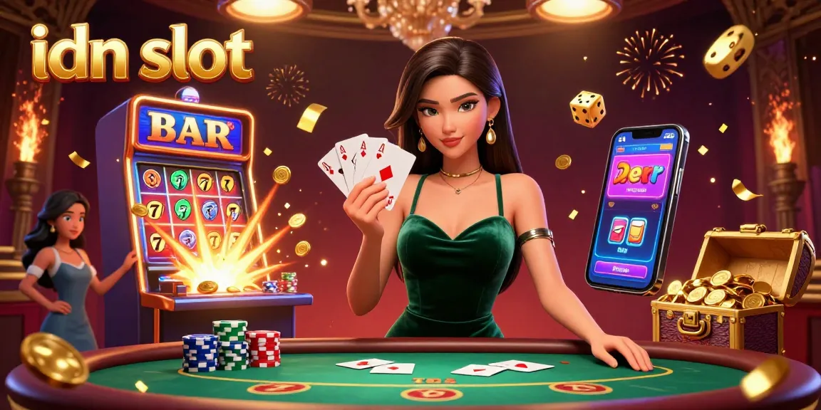 Experience thrilling gameplay with idn slot in an energetic 3D casino scene packed with excitement.
